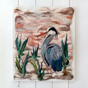 Handcrafted Needle Felted Wool Heron Larger Wall Art